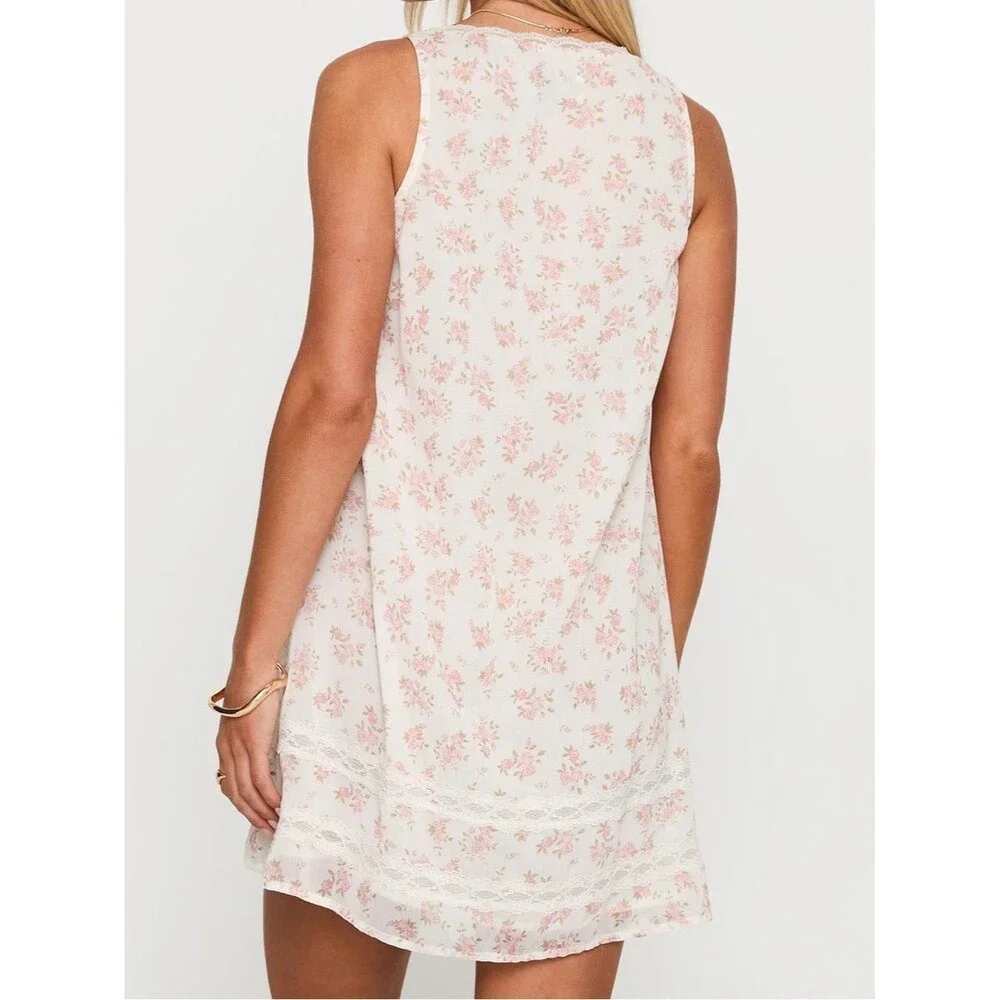 New Princess Polly Alanah Mini Dress Cream with Pink Floral Lace Trim